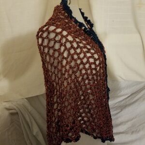 Handmade Crochet Shawl in mauve rust and Blue